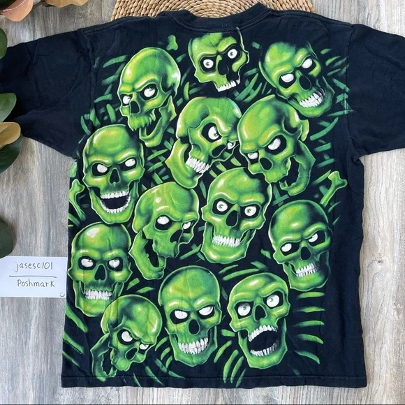 Liquid Blue Authentic Green Skull Print Black T Shirt Large Adult Vintage 2001 - Picture 2 of 16